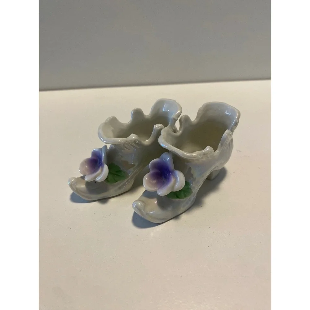 Ceramic Shoe Figurines with Violet Flowers,‎ Iridescent Glaze, Decorative Pair